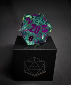 Green Transparent dice with bubbles inside and purple numbers standing on a black box with 