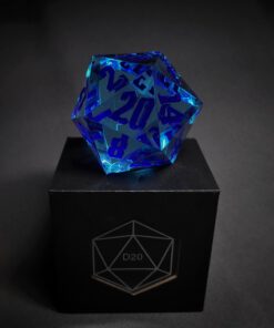 Blue Transparent dice with dark blue numbers standing on a black box with "D20" written on it.