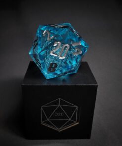 Blue Transparent dice with bubbles inside and silver numbers standing on a black box with "D20" written on it.