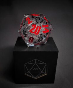 Transparent dice with bubbles inside and red and black numbers standing on a black box with "D20" written on it.