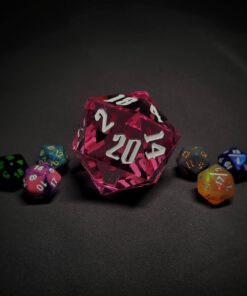 An extra large pink transparent d20 die with white numbers sitting in the middle of 6 smaller d20 dice.