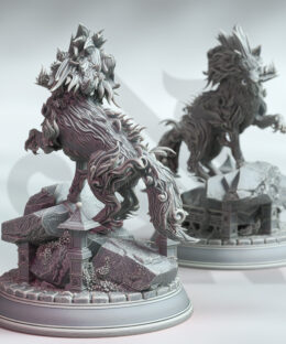 A spirit wolf holding a shuriken while standing on a rock with japanese lanterns