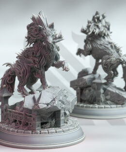 A spirit wolf holding a shuriken while standing on a rock with japanese lanterns