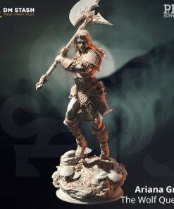 A young girl holding a two handed axe in attack form as a physical print for dungeons and dragons