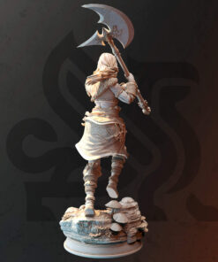 A young girl holding a two handed axe in attack form as a physical print for dungeons and dragons