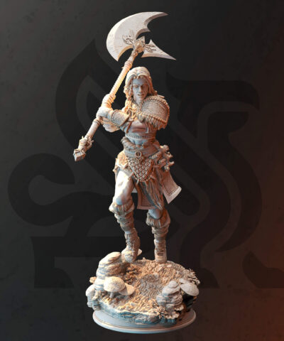 A young girl holding a two handed axe in attack form as a physical print for dungeons and dragons