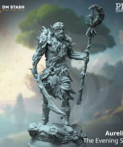 an elder fey warrior holding a staff and sword standing on a base.