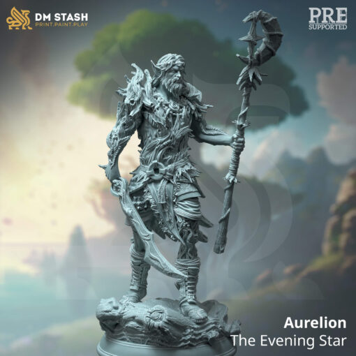 an elder fey warrior holding a staff and sword standing on a base.