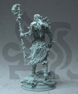 an elder fey warrior holding a staff and sword standing on a base.