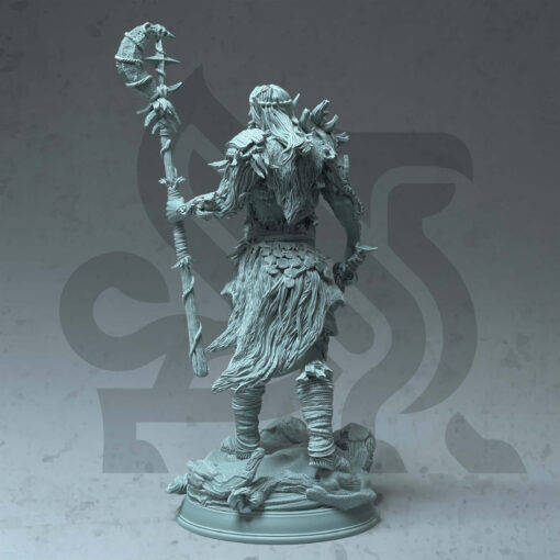 an elder fey warrior holding a staff and sword standing on a base.