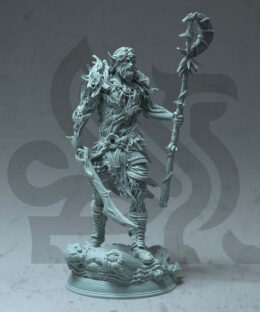 an elder fey warrior holding a staff and sword standing on a base.