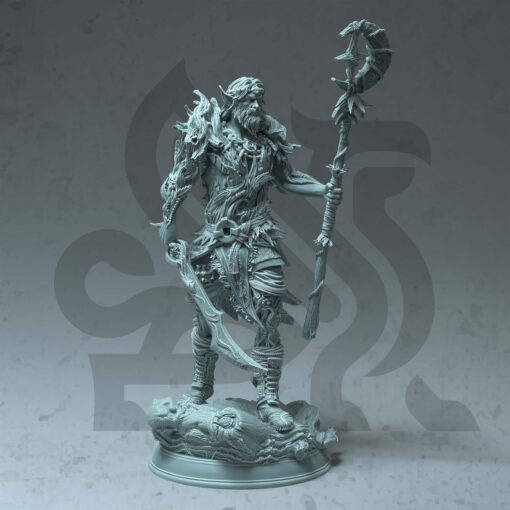 an elder fey warrior holding a staff and sword standing on a base.