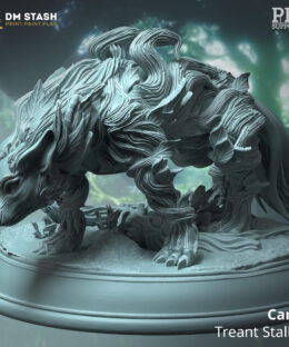 a creature that is in a stealth position. The creature is fey touched as it has leaves and roots on it's body.