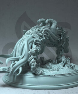 a creature that is in a stealth position. The creature is fey touched as it has leaves and roots on it's body.