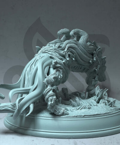 a creature that is in a stealth position. The creature is fey touched as it has leaves and roots on it's body.