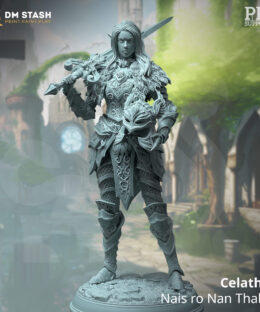 A knight woman in full armor holding a helmed in her arms and a sword resting on het shoulder.