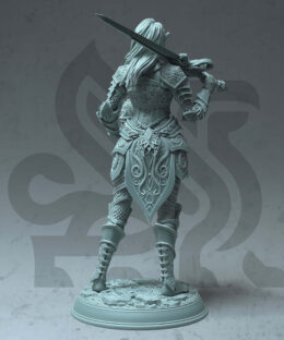 A knight woman in full armor holding a helmed in her arms and a sword resting on het shoulder.