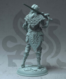 A knight woman in full armor holding a helmed in her arms and a sword resting on het shoulder.