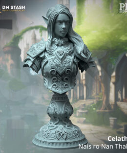 a bust of a female warrior in decorative armor.