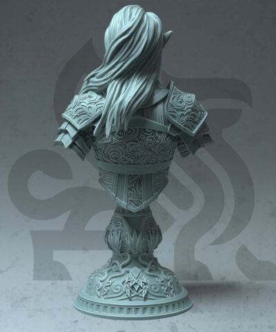 a bust of a female warrior in decorative armor.