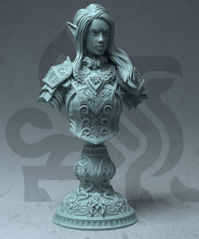 a bust of a female warrior in decorative armor.