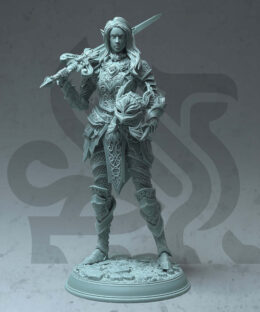 A knight woman in full armor holding a helmed in her arms and a sword resting on het shoulder.