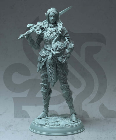 A knight woman in full armor holding a helmed in her arms and a sword resting on het shoulder.