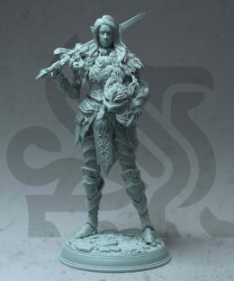 A knight woman in full armor holding a helmed in her arms and a sword resting on het shoulder.