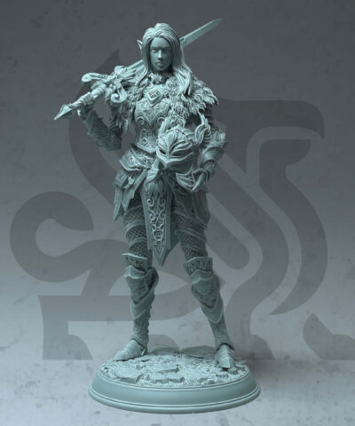 A knight woman in full armor holding a helmed in her arms and a sword resting on het shoulder.
