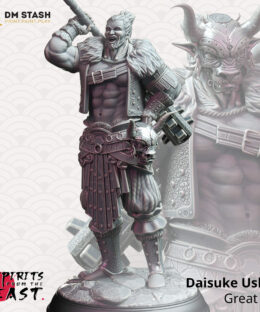 A large male laughing while wielding a large spiked club behind his back