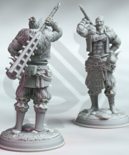 A large male wearing laughing while wielding a large spiked club behind his back