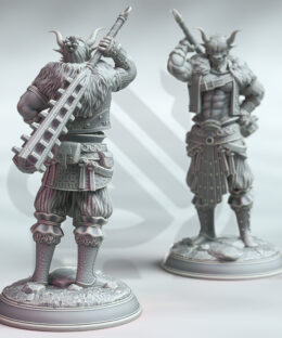 A large male wearing an ox mask while wielding a large spiked club behind his back