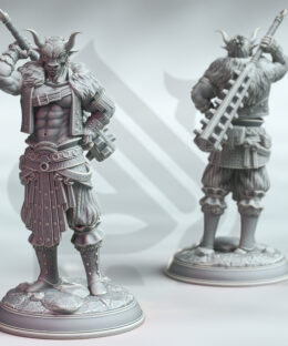 A large male wearing an ox mask while wielding a large spiked club behind his back