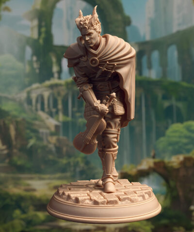 A male rogue with a fiddle bowing with a knife behind his back.