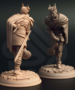 A male rogue with a fiddle bowing with a knife behind his back.