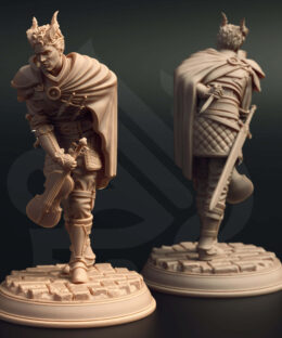 A male rogue with a fiddle bowing with a knife behind his back.