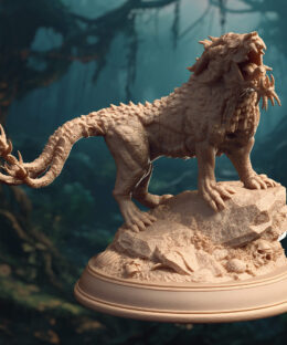 An aggressive creature with three tails while standing on a rock base with a roar-like face