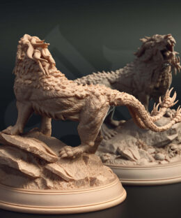 An aggressive creature with three tails while standing on a rock base with a roar-like face