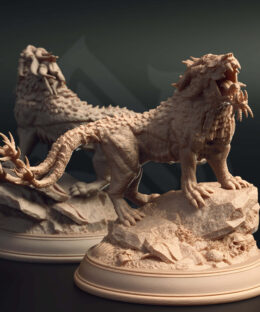 An aggressive creature with three tails while standing on a rock base with a roar-like face