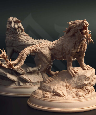 An aggressive creature with three tails while standing on a rock base with a roar-like face