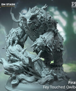 a fey touched owlbear standing on a base with large roots. It's fur is mixed with leaves and flowers.