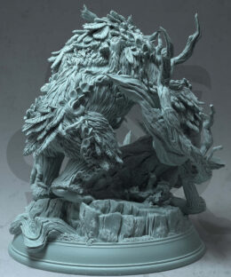 a fey touched owlbear standing on a base with large roots. It's fur is mixed with leaves and flowers.