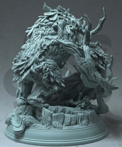 a fey touched owlbear standing on a base with large roots. It's fur is mixed with leaves and flowers.