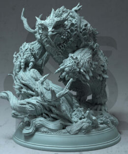 a fey touched owlbear standing on a base with large roots. It's fur is mixed with leaves and flowers.