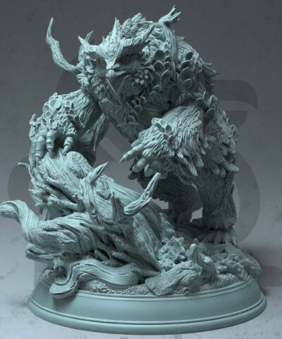 a fey touched owlbear standing on a base with large roots. It's fur is mixed with leaves and flowers.
