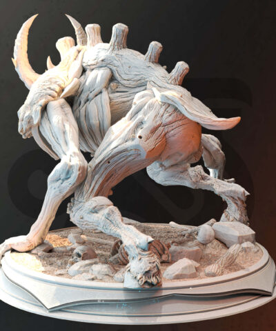 A fantasy creature with horns and a pointy skull as a face with long arms and legs as a physical miniature for dungeons and dragons