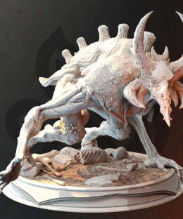 A fantasy creature with horns and a pointy skull as a face with long arms and legs as a physical miniature for dungeons and dragons