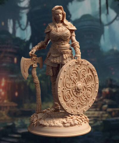 A viking woman standing in rest with a large round shield and a large handaxe