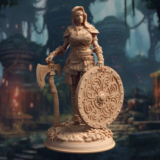 A viking woman standing in rest with a large round shield and a large handaxe