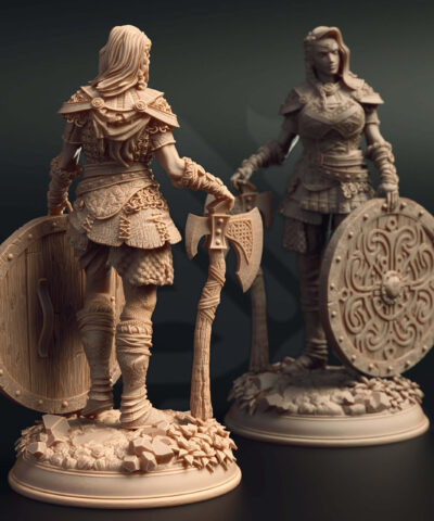 A viking woman standing in rest with a large round shield and a large handaxe